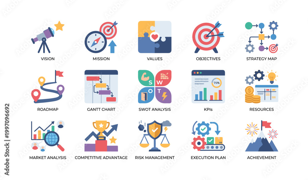 Fototapeta premium Business strategy icons arranged across white background grid