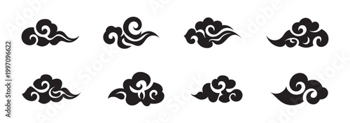 Set of traditional black japanese style clouds with elegant swirl patterns and flowing lines for oriental design themes.