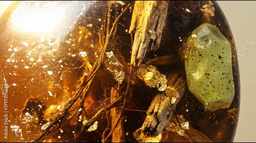 Detailed macro footage of ancient golden amber resin containing fossilized wood fragments and air bubbles, glowing warm sunlight illuminating prehistoric biological history.