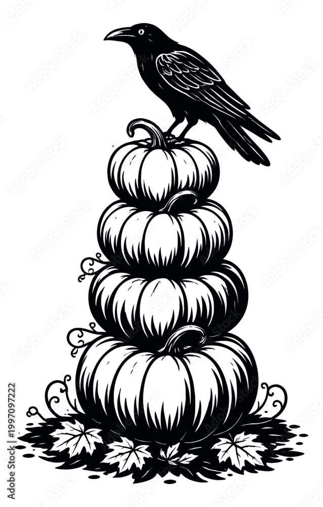 Fototapeta premium Hand drawn line art illustration of a crow depicting perching on a stack of pumpkins for Halloween