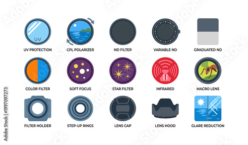 Optical filter and accessory icons arranged on white grid
