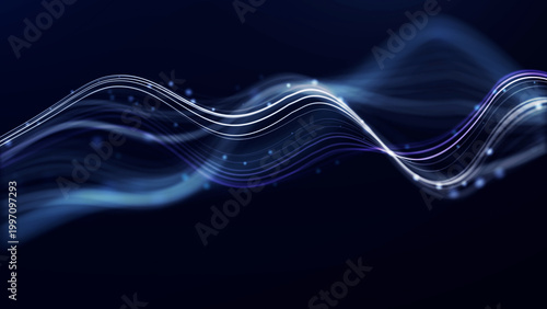 Blue flowing wave lines with glowing particles on dark background. Abstract 4K technology illustration with smooth motion and luminous digital rhythm.