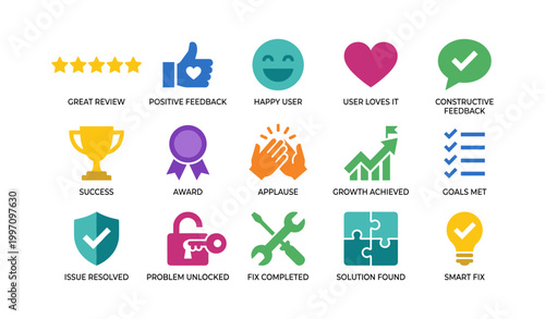 Feedback and success icons depicting reviews awards and solutions
