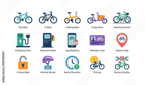 Bicycle sharing icons showing bike types and rental services