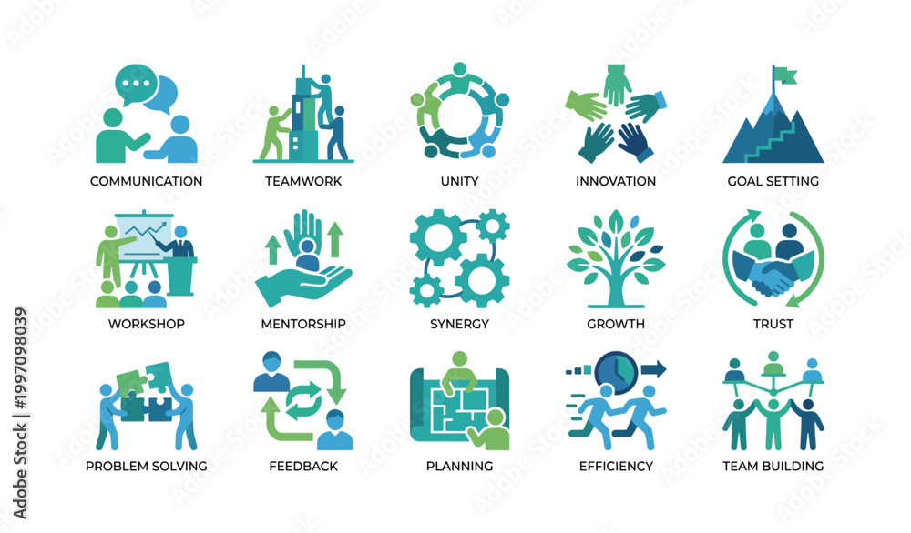 Fototapeta premium Teamwork and collaboration icons showing communication and planning