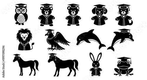 Academic Achievement Represented by Diverse Animal Characters in Graduation Caps and Gowns, Symbolizing Education, Success, and Intellectual Development for All Learners