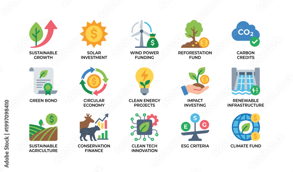 Fototapeta premium Sustainable finance icons showing green investment and projects