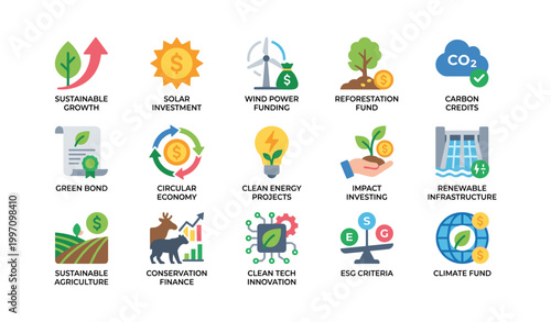 Sustainable finance icons showing green investment and projects