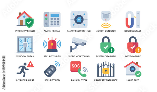 Home security icons showing alarm and monitoring devices on white