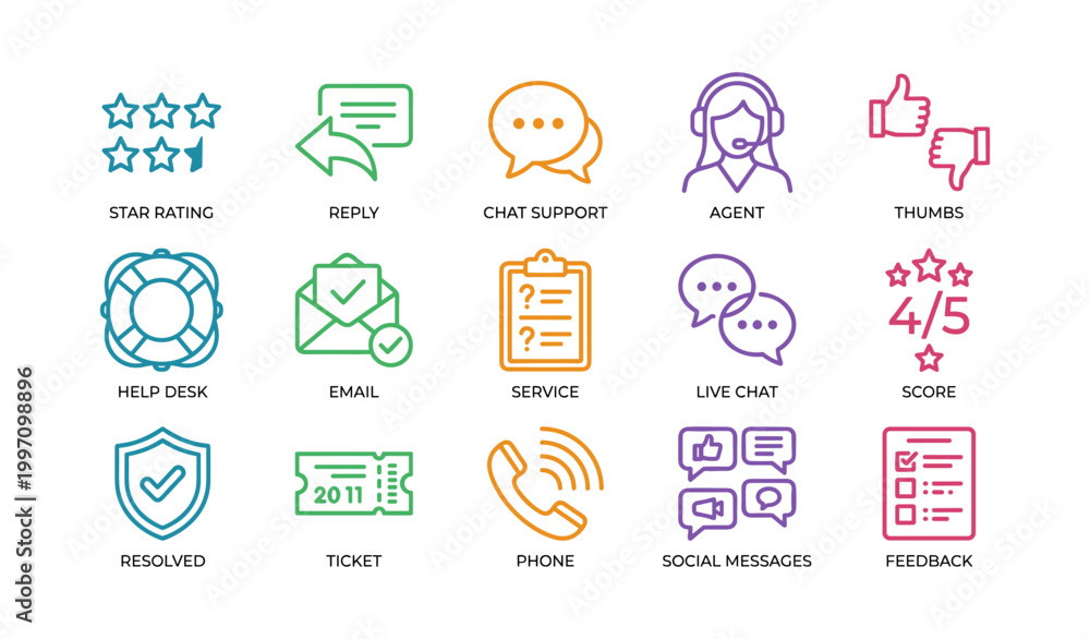 Fototapeta premium Customer support icons showing feedback and help on white background