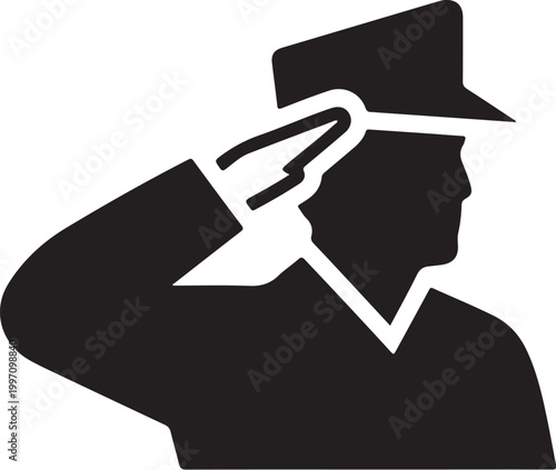 Military salute, soldier icon, black silhouette, greeting gesture, uniform hat
