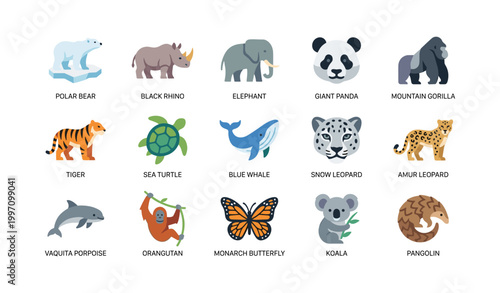 Endangered animal icons showing species portraits in grid
