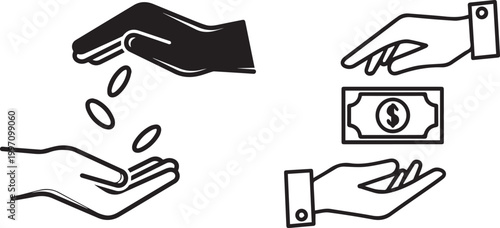 Hands exchanging money and coins illustration with exchange transaction receiving illustration