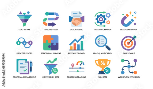 Sales pipeline and lead management icons arranged in grid