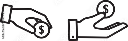 Hand giving a coin with dollar sign to another open palm hand transfer transaction exchange