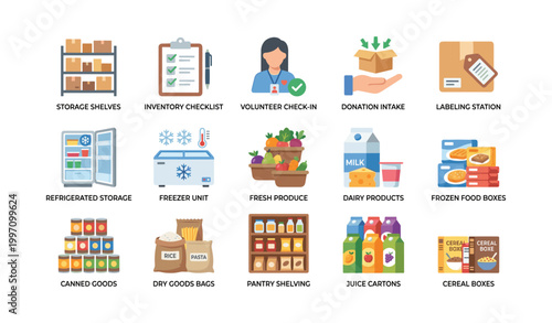Food pantry storage and distribution icons on white background