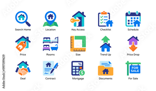 Real estate listing and search icons arranged on white background