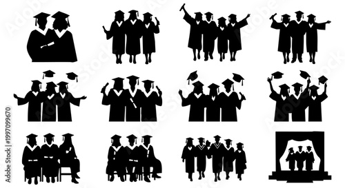 Silhouettes of happy graduates celebrating academic achievement and future success, showcasing diverse graduation ceremonies and joyful student milestones in cap and gown.