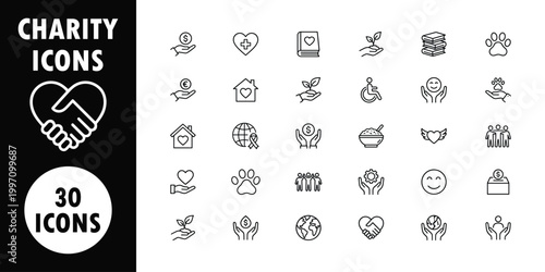 Black and white charity set, including hands, hearts, and animals line heart