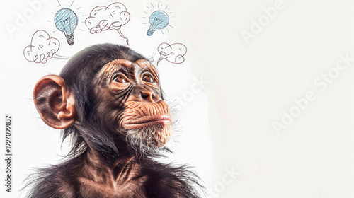 Neutral white background primate face closeup thinking smoke ideas tangled copyspace illustration