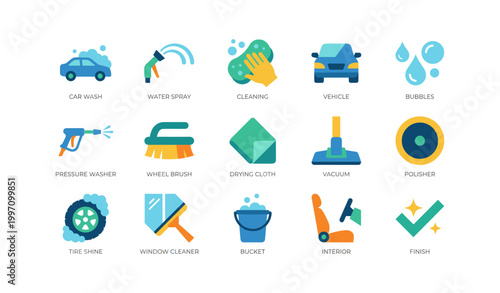 Car wash icons depicting cleaning tools and supplies on white
