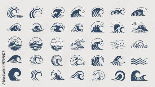 Collection of various wave icons in different styles and shapes for design use