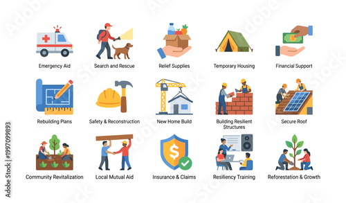 Disaster relief icons showing recovery and rebuilding on white