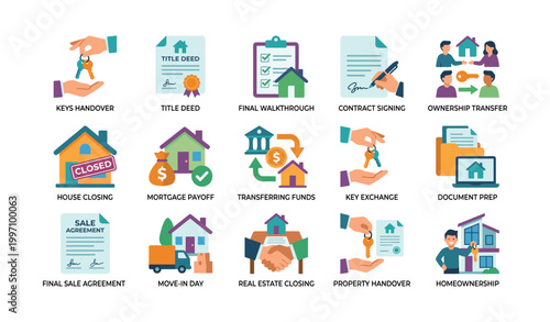 Real estate closing icons showing keys and contracts on white
