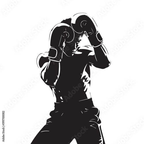 Boxer in Defensive Stance High Contrast Black and White Vector Illustration