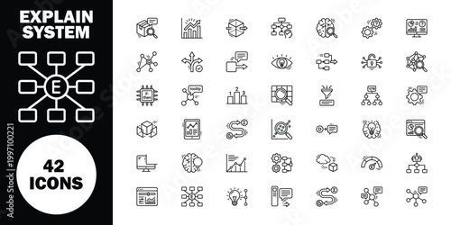 Explain system set, 42 black and white line on white and black backgrounds line infographic business communication data analysis technology diagram flowchart symbols