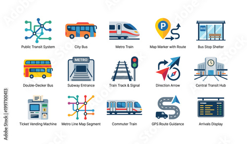 Icons of public transit vehicles and navigation for urban transport