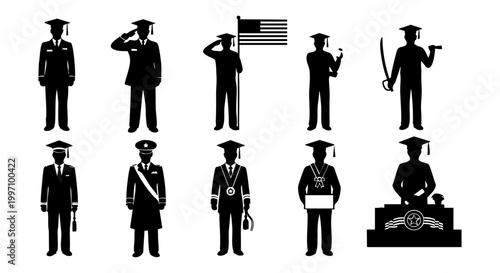 Academic success and achievement depicted through diverse graduation ceremonies and professional careers from education to various uniformed professions and public service.