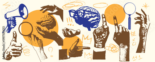 Retro grunge human hands holding a megaphone, giving thumbs up, pointing, with brain and magnifying glass cutouts in colorful halftone dot texture, hand-drawn scribbles