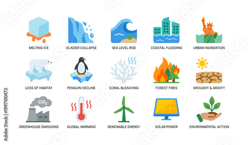 Icons depicting climate change impacts and environmental responses