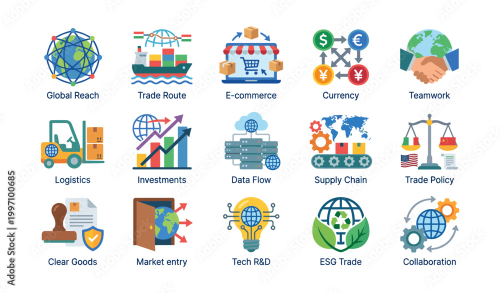 Fototapeta premium Global trade and logistics icons arranged in grid on white background