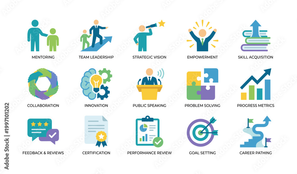 Fototapeta premium Training and leadership icons displayed in grid on white background