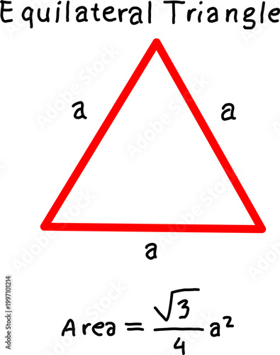 Equilateral triangle diagram with equal sides labeled a and area formula, ideal for geometry lessons, math education, and visual learning resources.