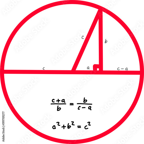Geometric diagram of circle with right triangle illustrating Pythagorean theorem and ratios, clean math visualization in bold red lines on white.