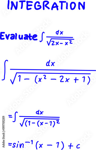 Mathematics integration example showing step by step solution of an integral with algebraic simplification and inverse sine result on clean background.