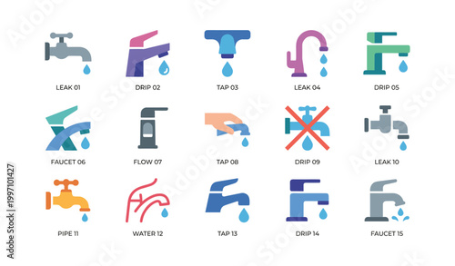 Collection of faucet and dripping tap icons on white background
