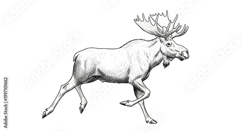 Majestic Moose Running Across a White Background in Detailed Sketch.