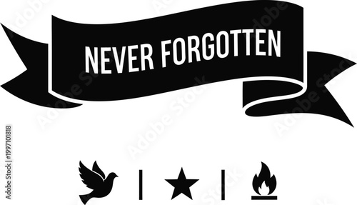 Never forgotten memorial ribbon with symbols of remembrance and respect
