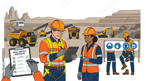 Mining Industry Safety Inspection Vector Illustration Diverse Workers Checking Equipment at Open Pit Mine Site