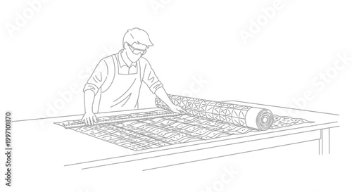Man Carefully Unrolling a Large Roll of Wire Mesh on a Table.