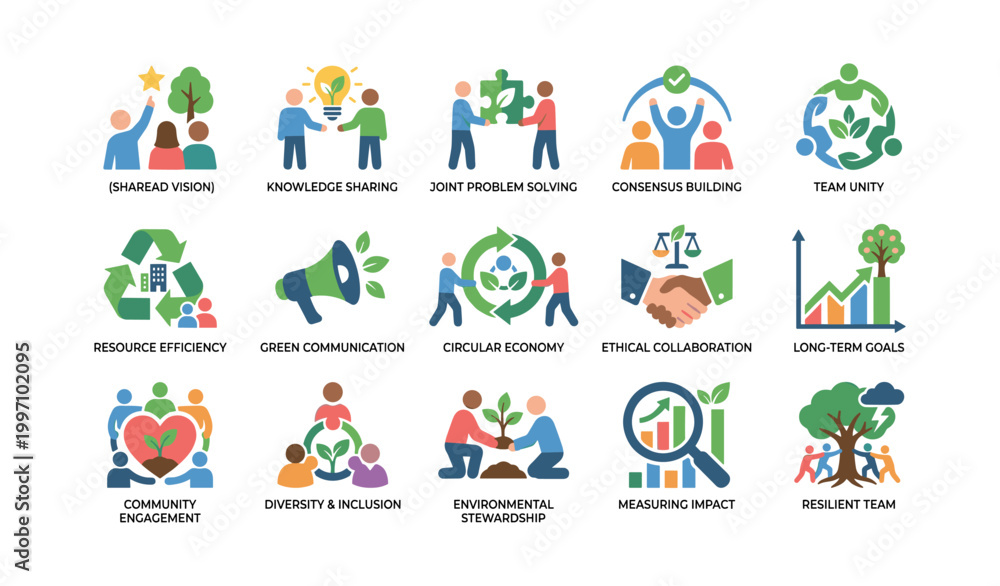Fototapeta premium Teamwork icons illustrating sustainability and collaboration on white