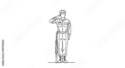 Line drawing of a uniformed soldier saluting with respect and honor.