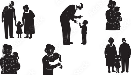 Grandparents and Children Silhouettes Set — Family Bond, Caregiving, Affection, Generations Vector Illustration