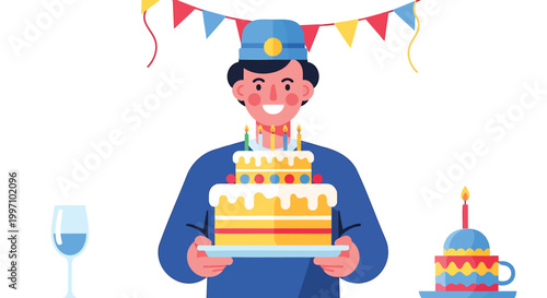 Birthday celebration, party icons, cake illustrations, festive vector graphics