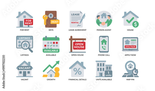 Real estate and rental icons depicting leasing process and listings