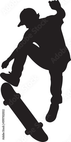 Photos Skateboarder performing mid-air kick flip trick silhouette